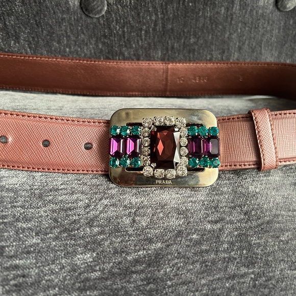 Auth. PRADA metallic dust pink leather belt with stone buckle, new without tags - Picture 13 of 13